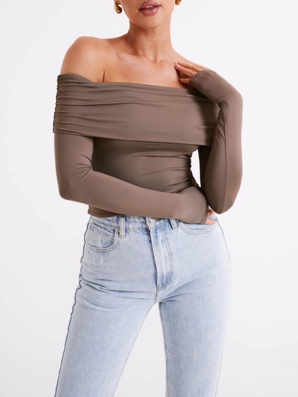 MESHKI Lucinda Off-Shoulder Top M Long Sleeve Stretch Coco Crop NWOT